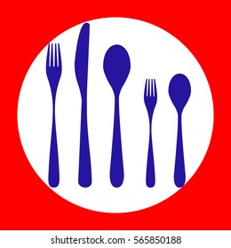 Set of silverware. Blue icon in white circle at red background. Colors of USA flag. Circumscribed circle. Circumcircle.