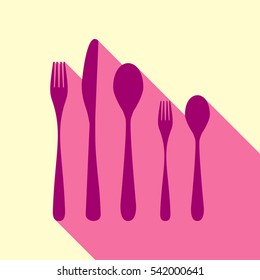 Set of silverware. Flirt color icon with cyclamen flat style shadow path on cream background.