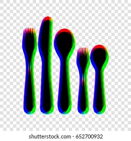Set of silverware. Vector. Black icon with red-green-blue contours on transparent background.