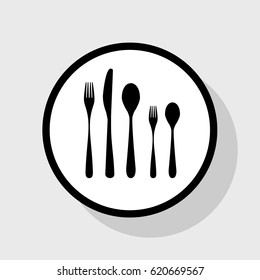 Set of silverware. Vector. Flat black icon in white circle with shadow at gray background.