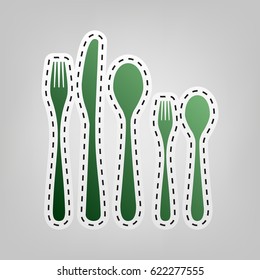 Set of silverware. Vector. Green icon with outline for cutting out at gray background.