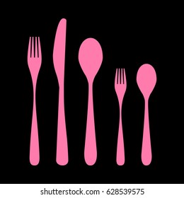 Set of silverware. Vector. Pink icon on black background.