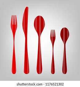 Set of silverware. Vector. Vertically divided icon with colors from reddish gradient in gray background with light in center.