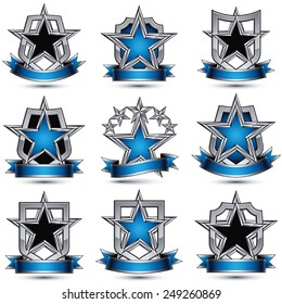 Set of silvery heraldic 3d glossy icons with curvy ribbons, best for use in web and graphic design, pentagonal silver stars, clear EPS 8 vector luxury symbols, shields.