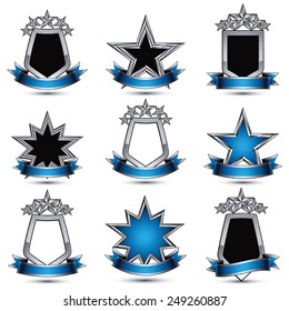 Set of silvery heraldic 3d glossy icons with curvy ribbons, best for use in web and graphic design, pentagonal silver stars, clear EPS 8 vector luxury symbols, shields.