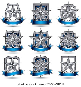 Set of silvery heraldic 3d glossy icons, best for use in web and graphic design, pentagonal silver stars, clear EPS 8 vector luxury symbols.