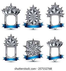 Set of silvery heraldic 3d glossy icons with curvy ribbons, best for use in web and graphic design, pentagonal silver stars, clear EPS 8 vector luxury symbols, shields. 