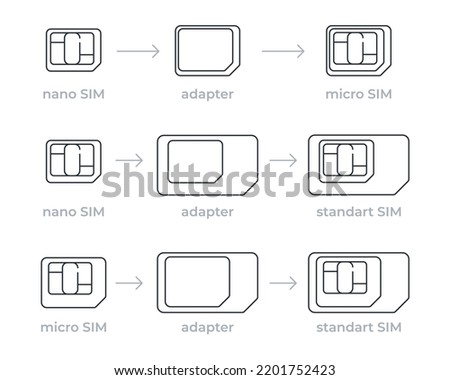 Set of sim card adapters line icon. Nano to micro, nano to standart, micro to standart sim card. Editable stroke