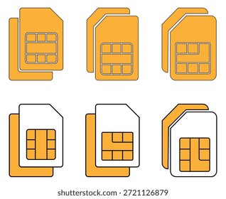 Conjunto de icono de tarjeta SIM en diferente estilo. Múltiples tarjetas SIM en esquema y tarjeta SIM de relleno sólido. Ilustración de tarjeta SIM dorada que representa la comunicación móvil. Ilustración vectorial. 