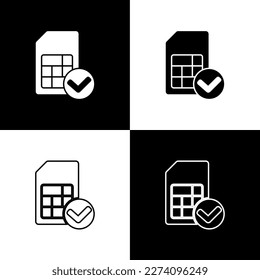 Establece el icono de la tarjeta Sim aislado en fondo blanco y negro. Chip de la tarjeta SIM del teléfono celular móvil. Símbolo de tecnología de telecomunicaciones móviles.  Vector