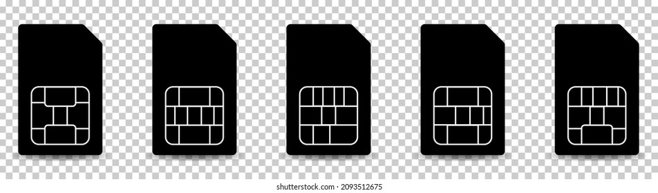 Set of sim card icon. Mobile cellular phone sim card chip. Vector illustration isolated on transparent background