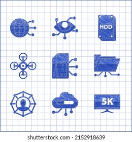 Set Sim card, Internet of things, Monitor display with 5k video, Folder and lock, Project team base, Drone, Hard disk drive HDD and Global technology social network icon. Vector