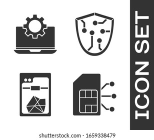 Set Sim card, Laptop and gear, 3D printer and Cyber security icon. Vector