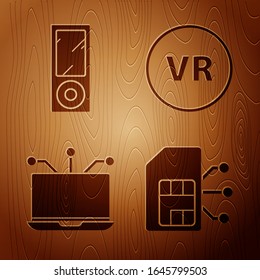 Set Sim card, Music player, Laptop and Virtual reality on wooden background. Vector