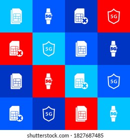 Fijar tarjeta Sim, red Smart watch 5G, rechazada e icono Protector de escudo. Vector.