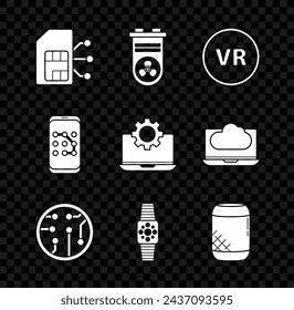 Set Sim card, Video graphic, Virtual reality, Processor, Smartwatch, Voice assistant, Mobile and password protection and Laptop gear icon. Vector