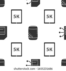 Sim card, Voice Assistant und Tablet mit Text 5k auf nahtlosem Muster. Vektorillustration