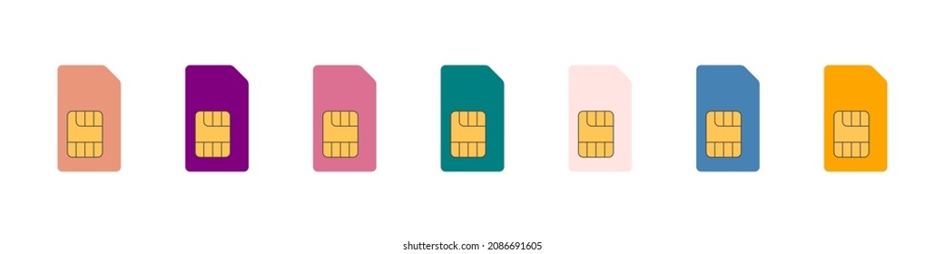 A set of SIM cards. SIM card icons for mobile in different colors. Vector illustration