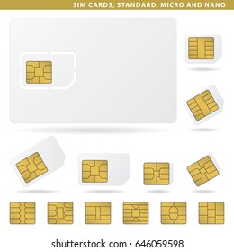 Set of sim cards for cellphone, standard, micro and nano.