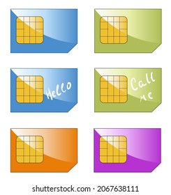 Un conjunto de tarjetas SIM en diferentes colores. Ilustración del vector