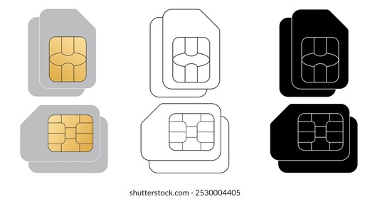 Set of sim cards. ID card mockup template. Realistic vector illustration for design. Mobile cellular phone. Sign, symbol, icon or logo isolated on background. EMV gold chip. Concept of technology.