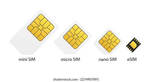 Set of SIM cards. SIM Mobile connection. Mobile phone icon microcircuit. Mobile communication technology symbol. mini sim, micro, nano, esim. Vector illustration