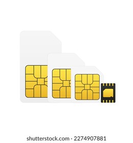 Set of SIM cards. Mobile phone icon microcircuit. Esim Card isolated 3d gsm design. Mobile communication technology symbol. Vector illustration