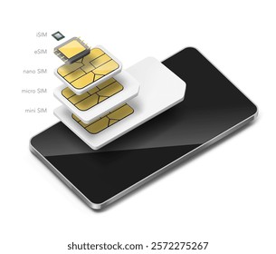 Set of SIM cards with mobile phone mockups. Realistic vector illustration isolated on white background. Can be use for template your design, presentation, promo, ad. EPS10.