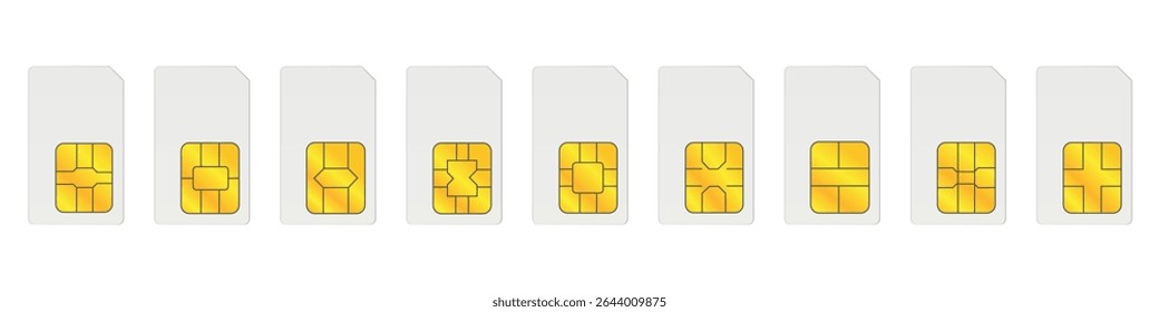 Set of SIM cards for mobile phones on white background.