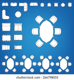 Set of simple 2d flat vector icons furniture for floor plan outline on blueprint technical grid background. Tables and chairs editable EPS10 vector illustration for interior outline design