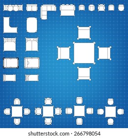 Set of simple 2d flat vector icons furniture for floor plan outline on blueprint technical grid background. Tables and chairs editable EPS10 vector illustration for interior outline design