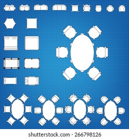 Set of simple 2d flat vector icons furniture for floor plan outline on blueprint technical grid background. Tables and chairs editable EPS10 vector illustration for interior outline design