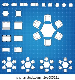 Set of simple 2d flat vector icons furniture for floor plan outline on blueprint technical grid background. Tables and chairs editable EPS10 vector illustration for interior outline design