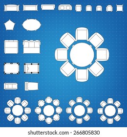Set of simple 2d flat vector icons furniture for floor plan outline on blueprint technical grid background. Tables and chairs editable EPS10 vector illustration for interior outline design