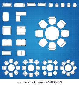 Set of simple 2d flat vector icons furniture for floor plan outline on blueprint technical grid background. Tables and chairs editable EPS10 vector illustration for interior outline design