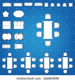 Set of simple 2d flat vector icons furniture for floor plan outline on blueprint technical grid background. Tables and chairs editable EPS10 vector illustration for interior outline design
