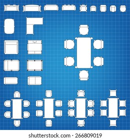 Set of simple 2d flat vector icons furniture for floor plan outline on blueprint technical grid background. Tables and chairs editable EPS10 vector illustration for interior outline design
