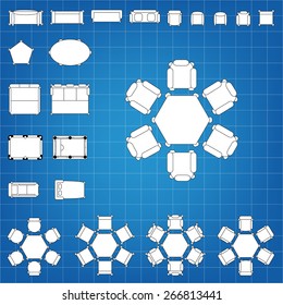 Set of simple 2d flat vector icons furniture for floor plan outline on blueprint technical grid background. Tables and chairs editable EPS10 vector illustration for interior outline design