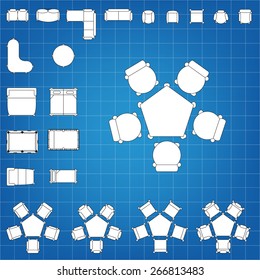 Set of simple 2d flat vector icons furniture for floor plan outline on blueprint technical grid background. Tables and chairs editable EPS10 vector illustration for interior outline design