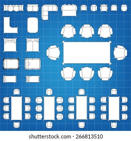 Set of simple 2d flat vector icons furniture for floor plan outline on blueprint technical grid background. Tables and chairs editable EPS10 vector illustration for interior outline design