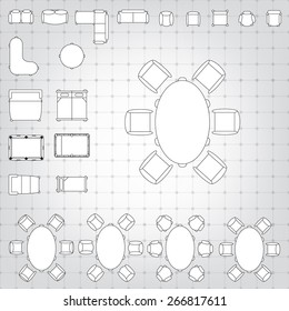 Set of simple 2d flat vector icons furniture for floor plan outline on blueprint technical grid background. Tables and chairs editable EPS10 vector illustration for interior outline des