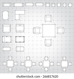 Set of simple 2d flat vector icons furniture for floor plan outline on blueprint technical grid background. Tables and chairs editable EPS10 vector illustration for interior outline des