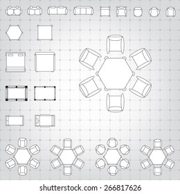 Set of simple 2d flat vector icons furniture for floor plan outline on blueprint technical grid background. Tables and chairs editable EPS10 vector illustration for interior outline des