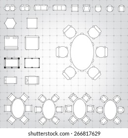 Set of simple 2d flat vector icons furniture for floor plan outline on blueprint technical grid background. Tables and chairs editable EPS10 vector illustration for interior outline des