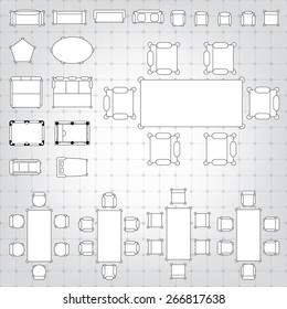 Set of simple 2d flat vector icons furniture for floor plan outline on blueprint technical grid background. Tables and chairs editable EPS10 vector illustration for interior outline des