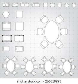 Set of simple 2d flat vector icons furniture for floor plan outline on blueprint technical grid background. Tables and chairs editable EPS10 vector illustration for interior outline design