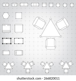 Set of simple 2d flat vector icons furniture for floor plan outline on blueprint technical grid background. Tables and chairs editable EPS10 vector illustration for interior outline design