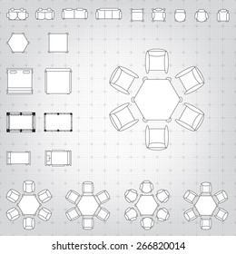 Set of simple 2d flat vector icons furniture for floor plan outline on blueprint technical grid background. Tables and chairs editable EPS10 vector illustration for interior outline design