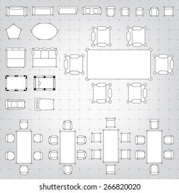 Set of simple 2d flat vector icons furniture for floor plan outline on blueprint technical grid background. Tables and chairs editable EPS10 vector illustration for interior outline design