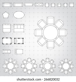 Set of simple 2d flat vector icons furniture for floor plan outline on blueprint technical grid background. Tables and chairs editable EPS10 vector illustration for interior outline design